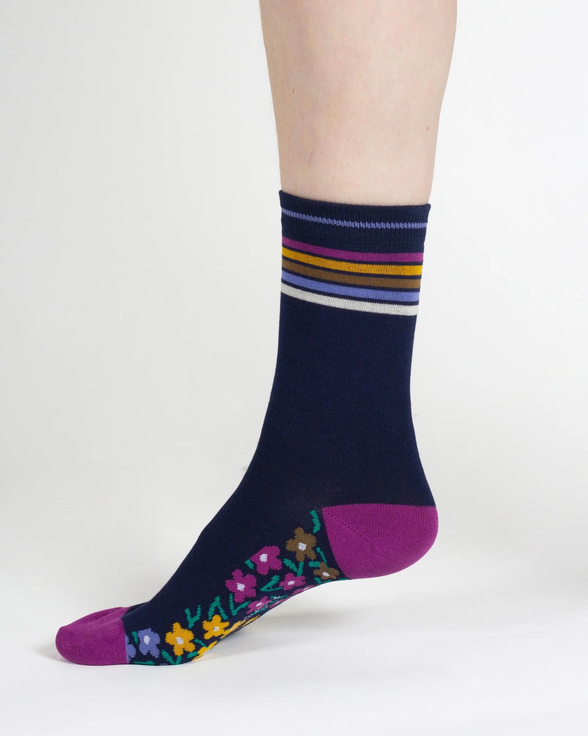 Stripe Floral And Cat Bamboo Gift Box of 7 Socks - Multi Blue Green - Flockneti