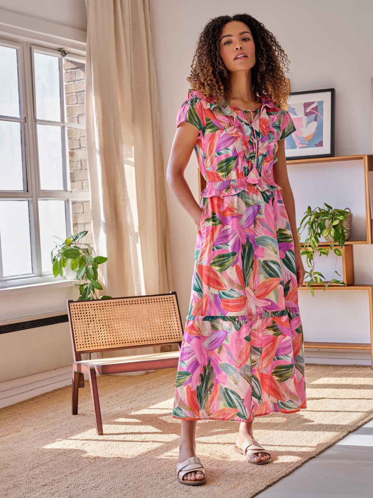 Adella Hemp Tropical Frill Dress - Multi - Flockneti