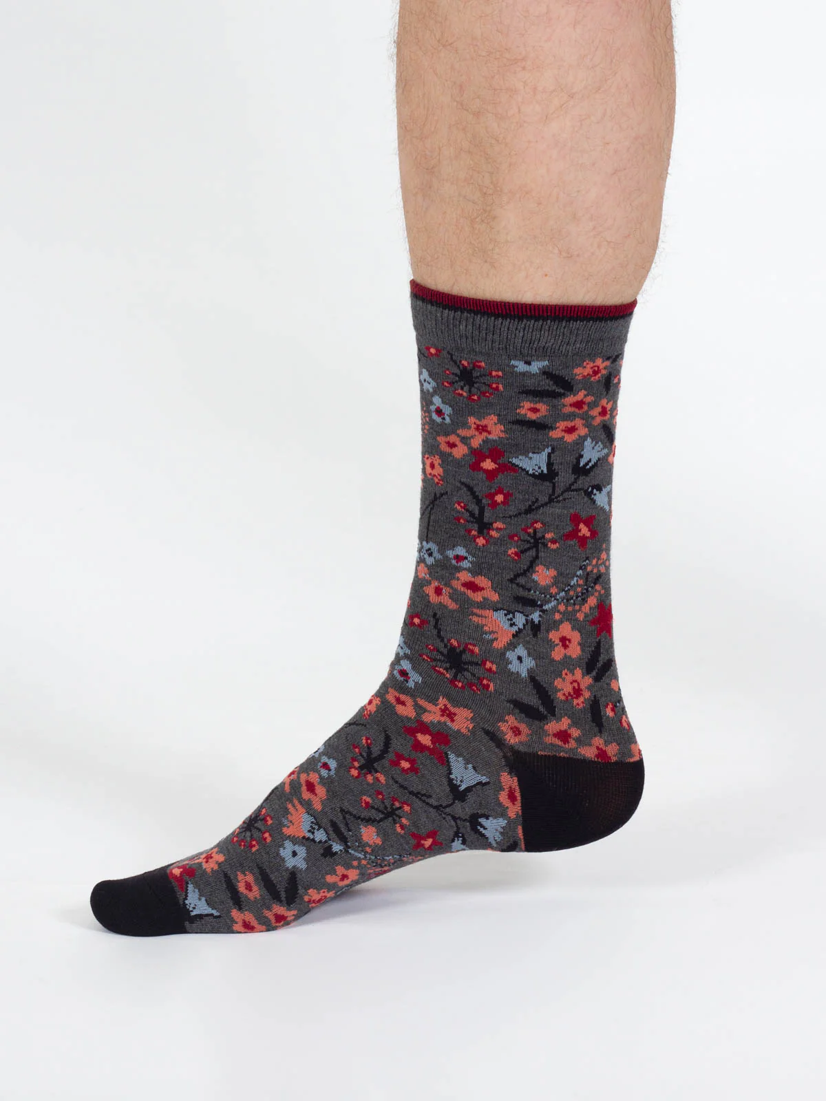 Scattered Flower Bamboo Crew Socks - Dark Grey - Flockneti