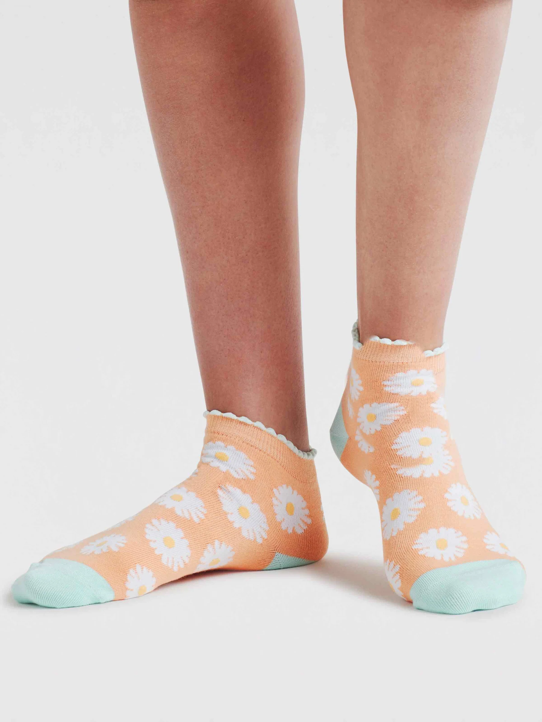 Womens Daisy Floral Organic Cotton Ankle Socks - Tangerine Orange - Flockneti