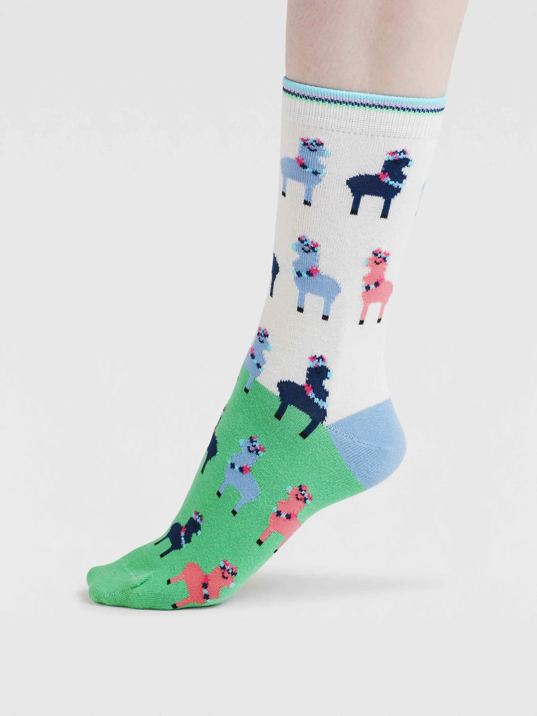 Womens Clara Rainbow Llama Organic Cotton Socks - Apple Green - Flockneti
