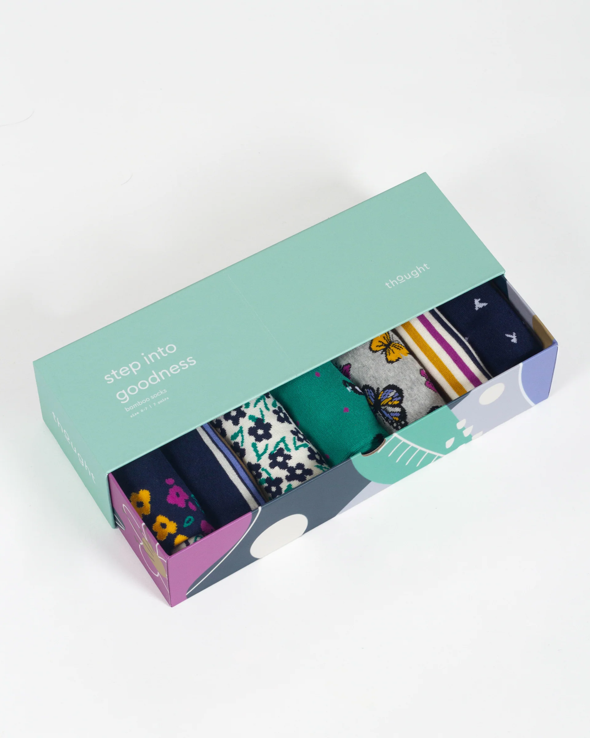 Stripe Floral And Cat Bamboo Gift Box of 7 Socks - Multi Blue Green - Flockneti