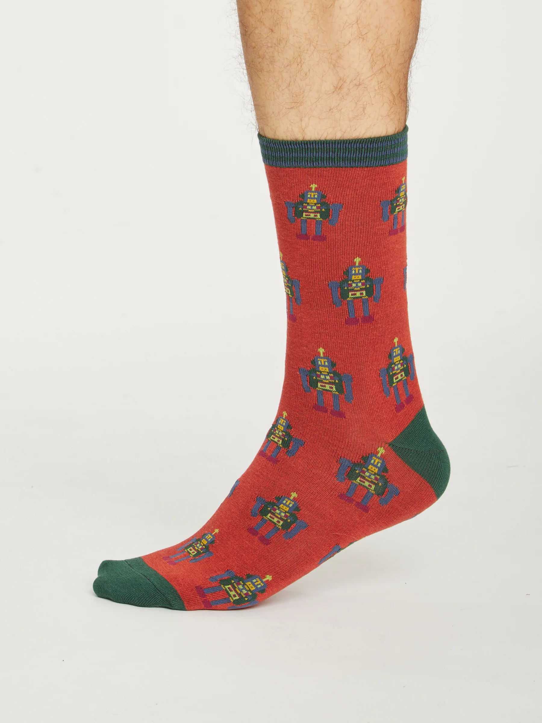 Mens Bamboo Robot Crew Sock - Terracotta - Flockneti