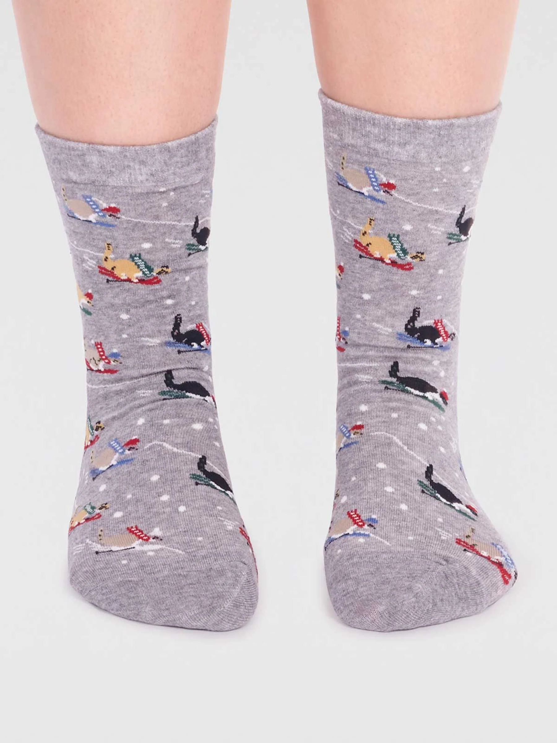 Amaryllis Organic Cotton Skiing Cat Sock - Grey Marle - Flockneti