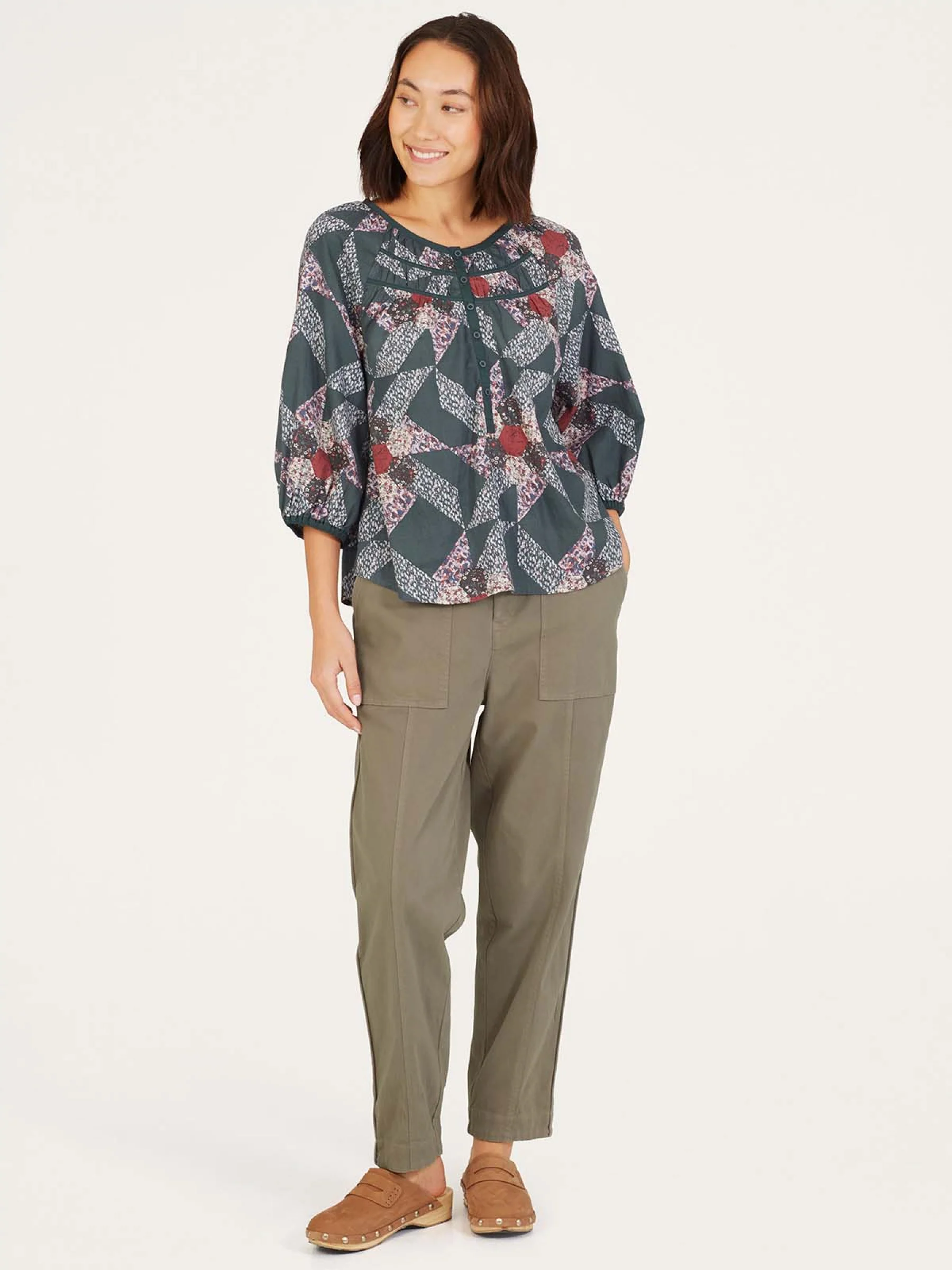 Tarni Hemp Patchwork Blouse - Dark Eucalyptus Green - Flockneti