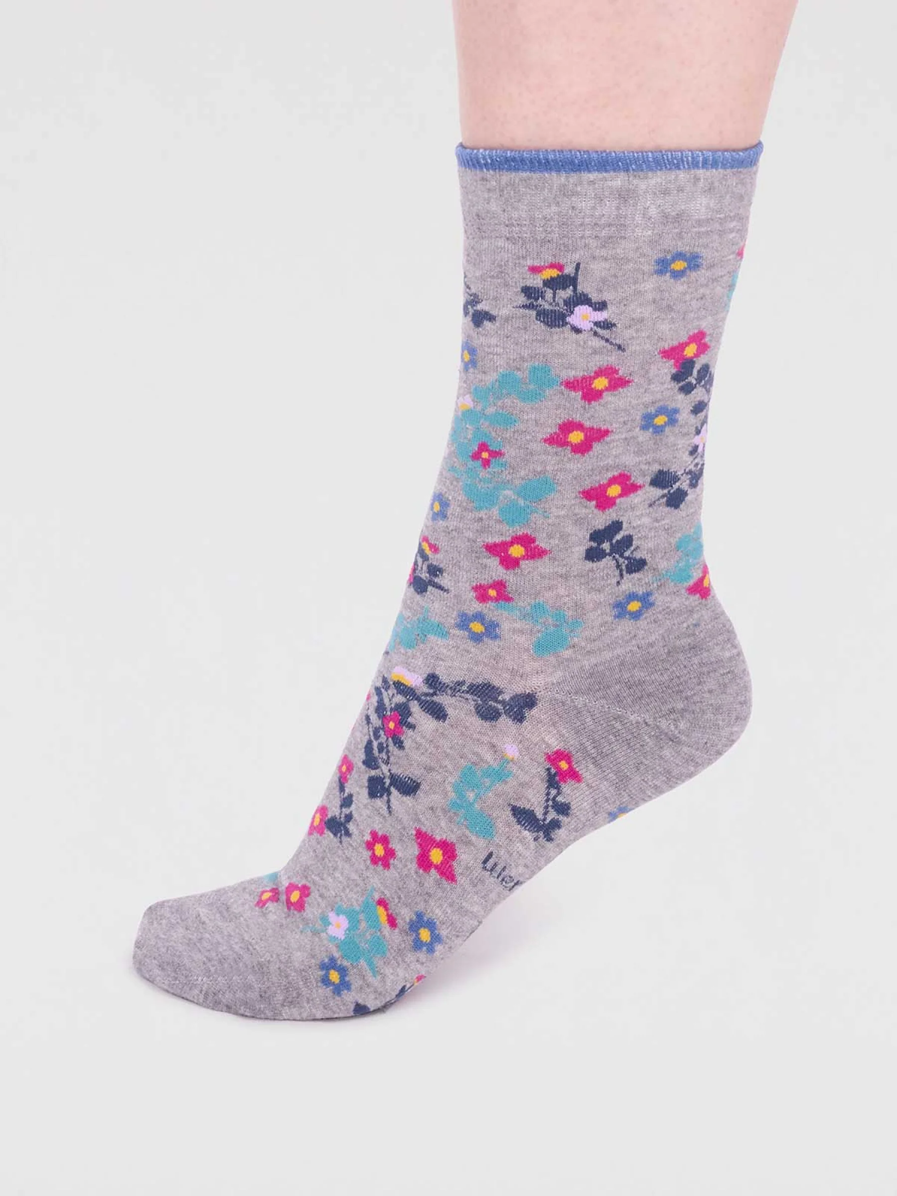 Viola Organic Cotton Floral Socks In A Bag - Grey Marle - Flockneti