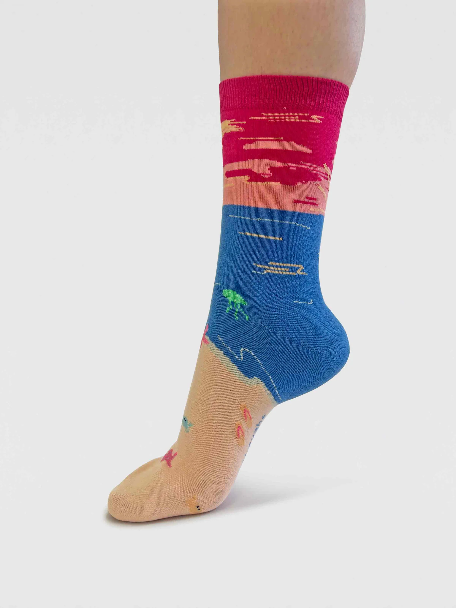 Womens Bess Beach Sunset Organic Cotton Socks - Neon Pink - Flockneti