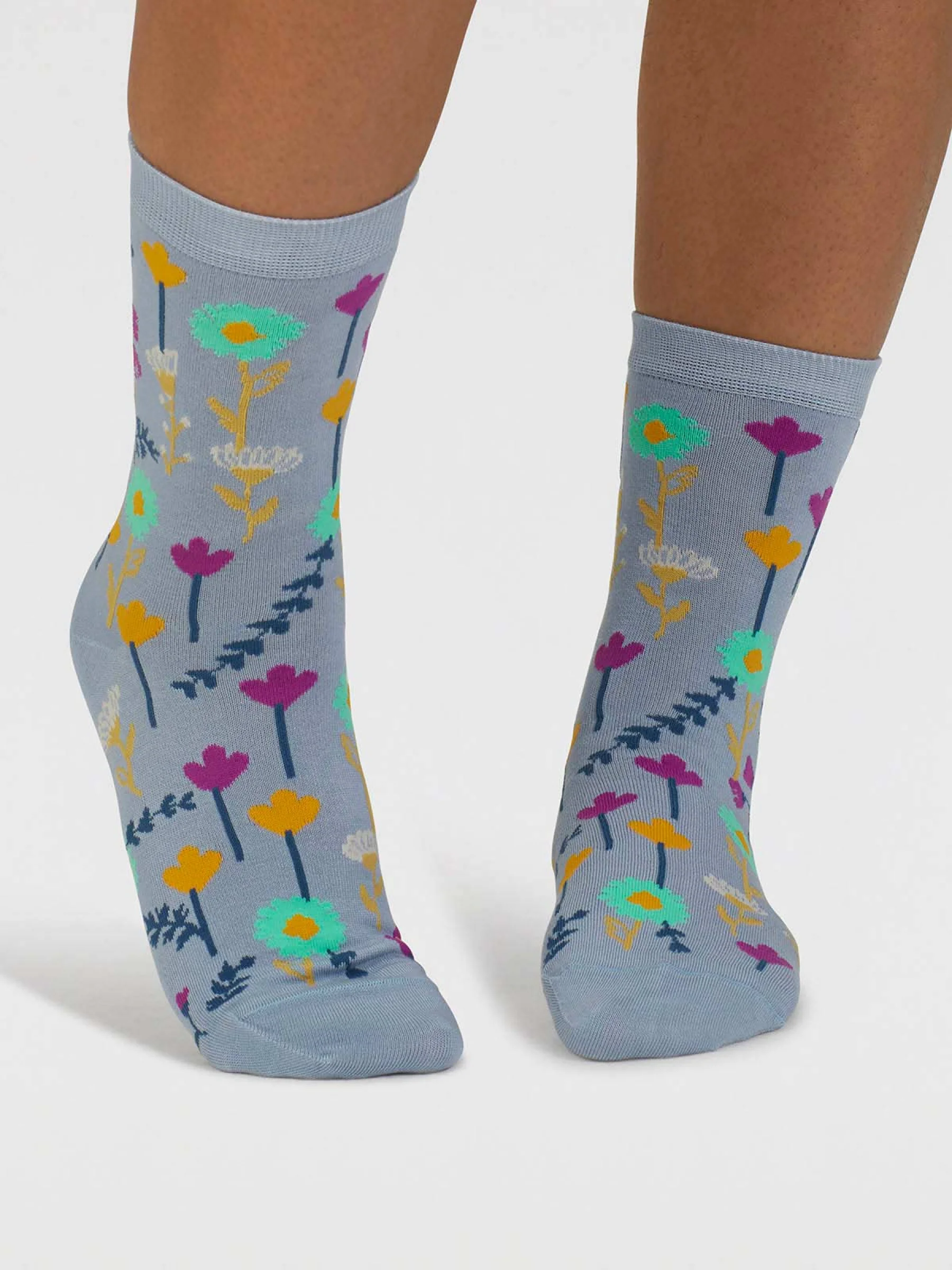 Mapel Floral Bamboo Socks - Chambray Blue - Flockneti