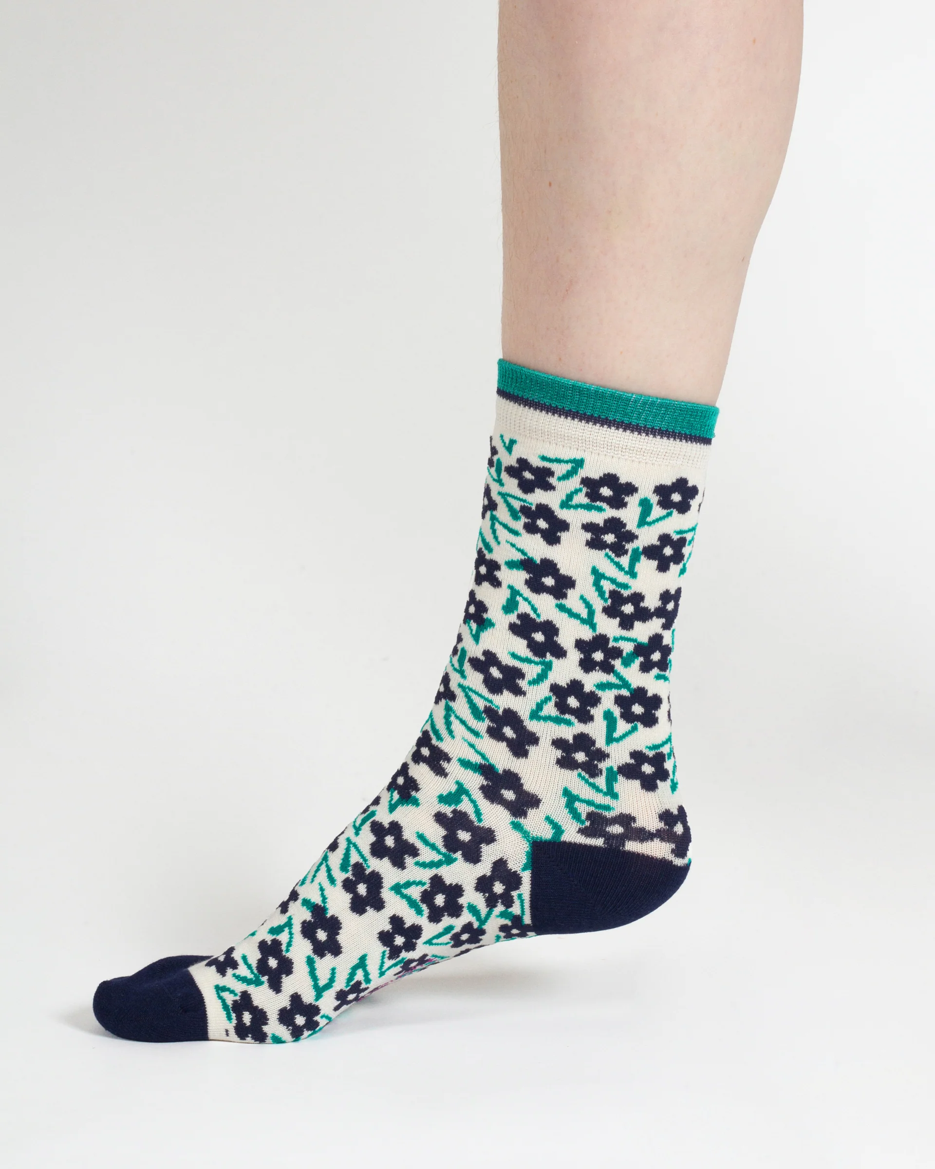 Stripe Floral And Cat Bamboo Gift Box of 7 Socks - Multi Blue Green - Flockneti